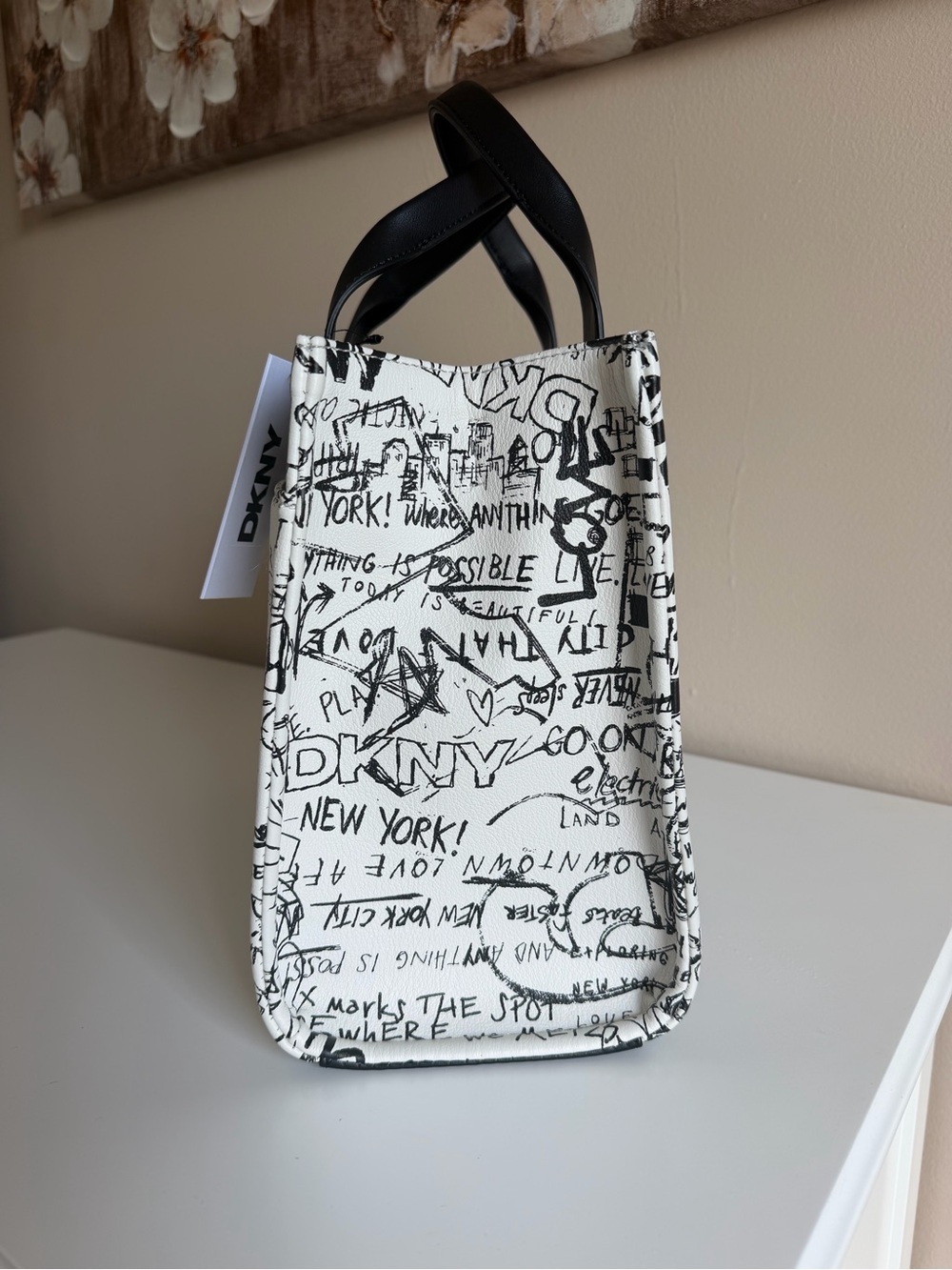 DKNY Black & White Graffiti Canvas Tote with Black Handles NWT - Picture 3 of 9